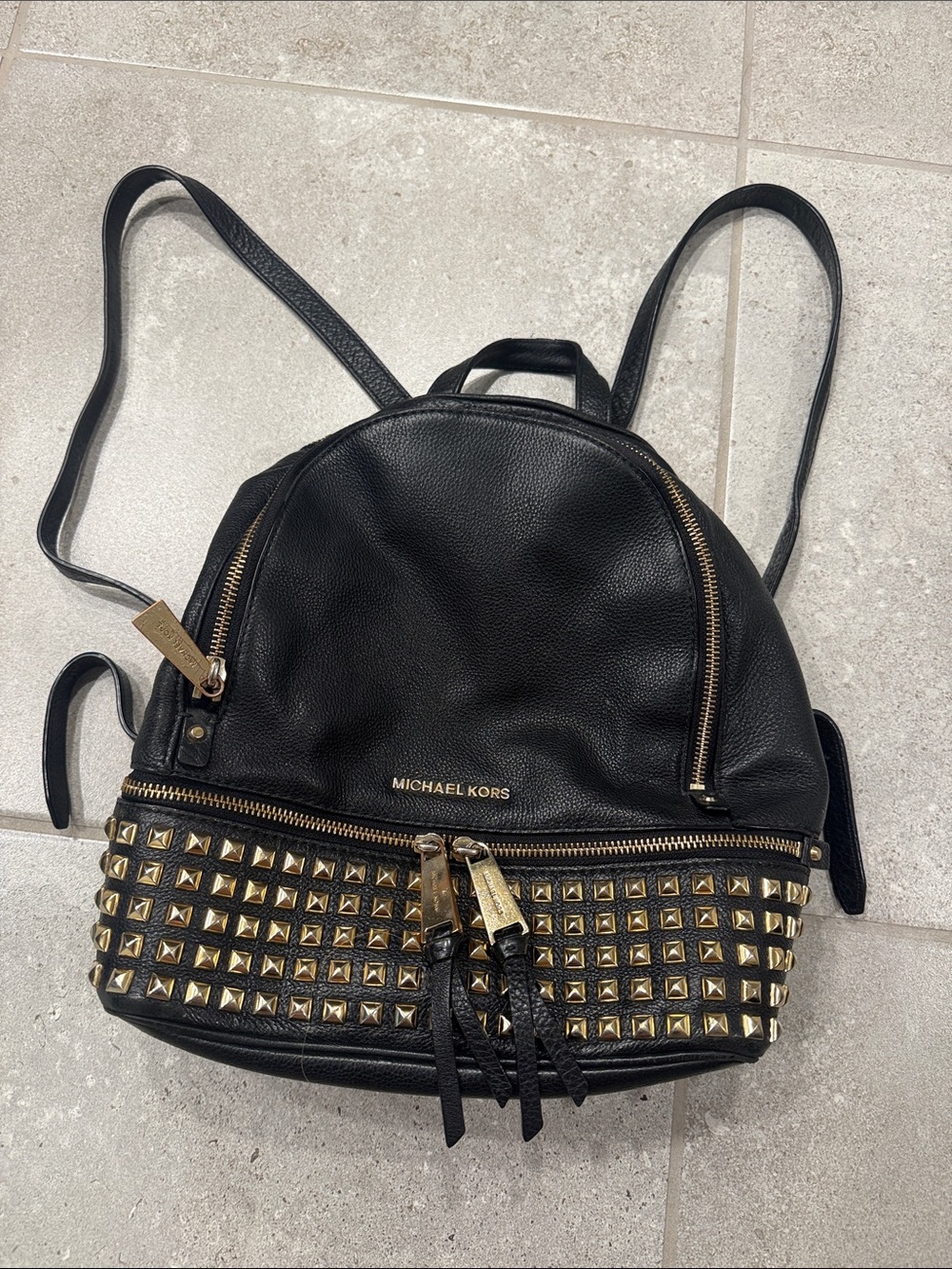 Michael Kors Black Leather Studded Backpack with Gold Hardware